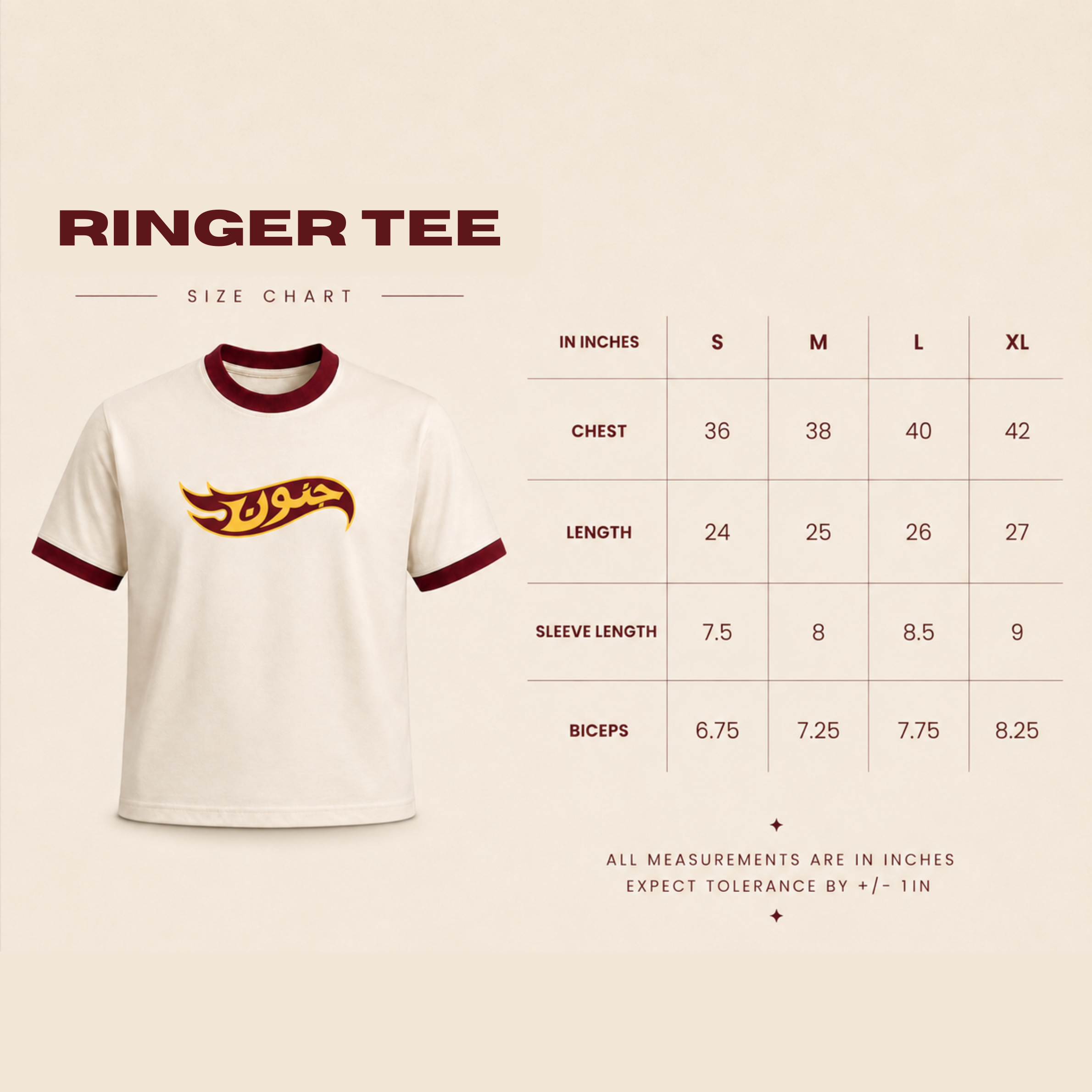 Junoon Ringer Tee – Off White/Maroon